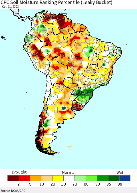 South America CPC Soil Moisture Ranking Percentile (Leaky Bucket) Thematic Map For 10/26/2023 - 10/31/2023