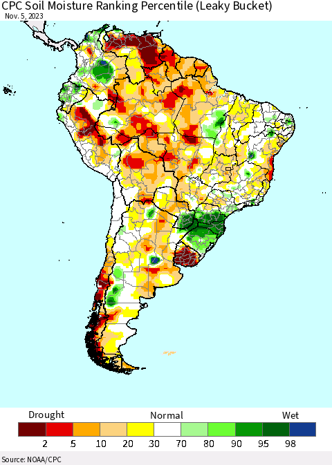 South America CPC Soil Moisture Ranking Percentile (Leaky Bucket) Thematic Map For 11/1/2023 - 11/5/2023