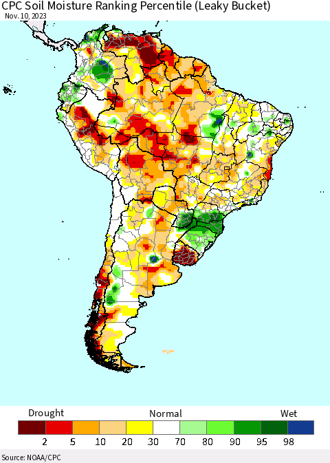 South America CPC Soil Moisture Ranking Percentile (Leaky Bucket) Thematic Map For 11/6/2023 - 11/10/2023