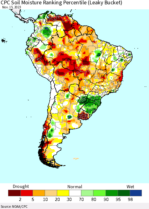 South America CPC Soil Moisture Ranking Percentile (Leaky Bucket) Thematic Map For 11/11/2023 - 11/15/2023