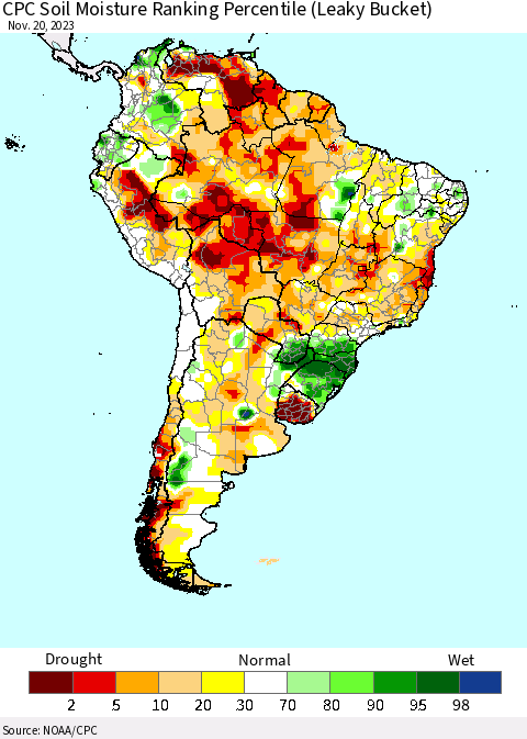South America CPC Soil Moisture Ranking Percentile (Leaky Bucket) Thematic Map For 11/16/2023 - 11/20/2023