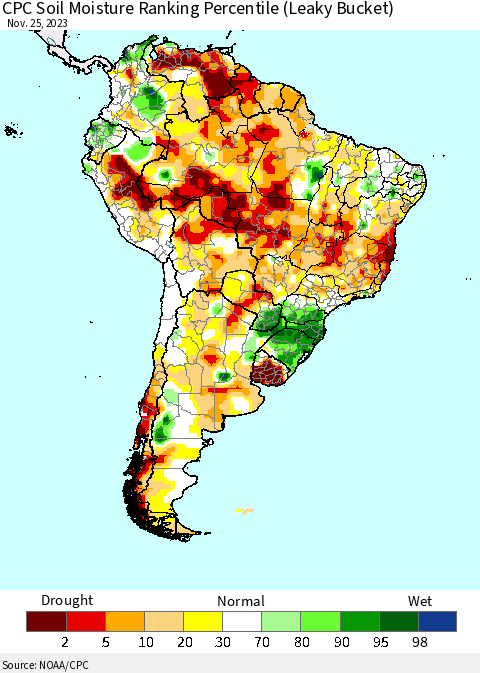 South America CPC Soil Moisture Ranking Percentile (Leaky Bucket) Thematic Map For 11/21/2023 - 11/25/2023