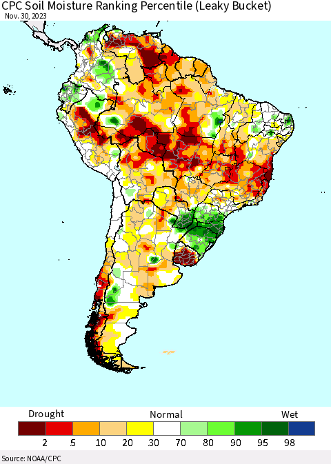 South America CPC Soil Moisture Ranking Percentile (Leaky Bucket) Thematic Map For 11/26/2023 - 11/30/2023