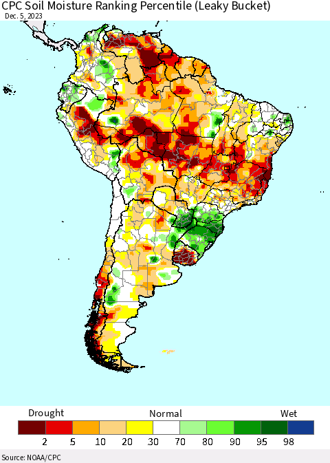 South America CPC Soil Moisture Ranking Percentile (Leaky Bucket) Thematic Map For 12/1/2023 - 12/5/2023