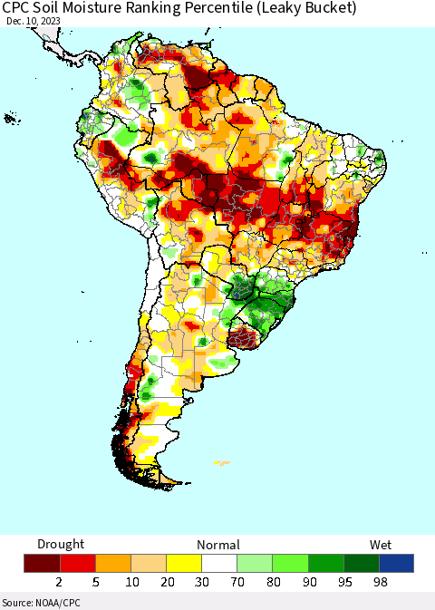 South America CPC Soil Moisture Ranking Percentile (Leaky Bucket) Thematic Map For 12/6/2023 - 12/10/2023
