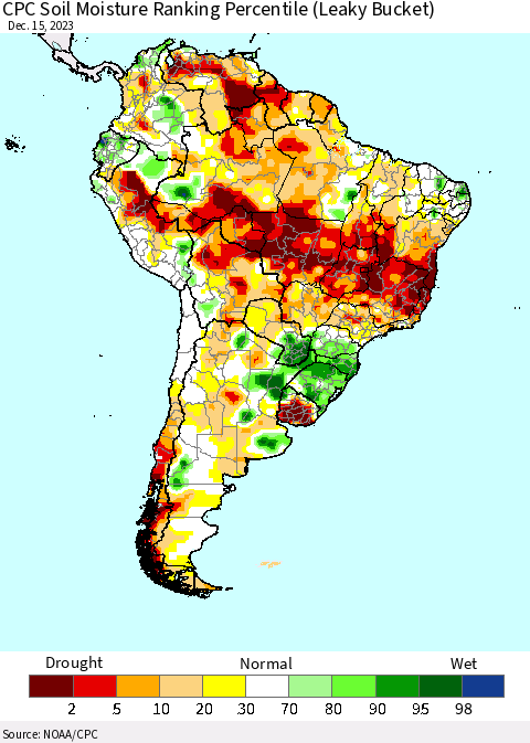 South America CPC Soil Moisture Ranking Percentile (Leaky Bucket) Thematic Map For 12/11/2023 - 12/15/2023
