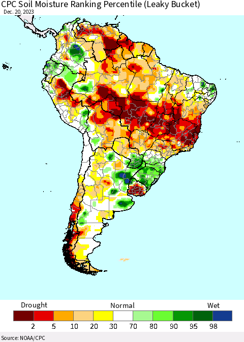 South America CPC Soil Moisture Ranking Percentile (Leaky Bucket) Thematic Map For 12/16/2023 - 12/20/2023