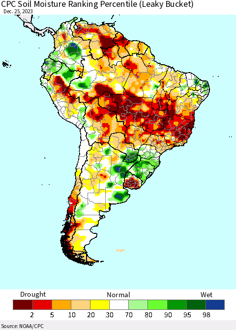 South America CPC Soil Moisture Ranking Percentile (Leaky Bucket) Thematic Map For 12/21/2023 - 12/25/2023
