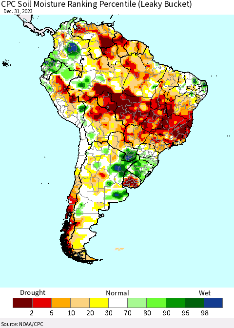 South America CPC Soil Moisture Ranking Percentile (Leaky Bucket) Thematic Map For 12/26/2023 - 12/31/2023