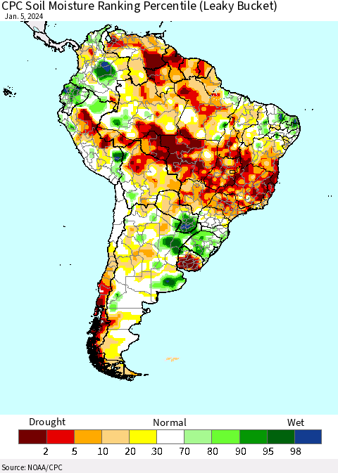 South America CPC Soil Moisture Ranking Percentile (Leaky Bucket) Thematic Map For 1/1/2024 - 1/5/2024