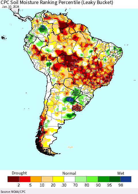 South America CPC Soil Moisture Ranking Percentile (Leaky Bucket) Thematic Map For 1/6/2024 - 1/10/2024