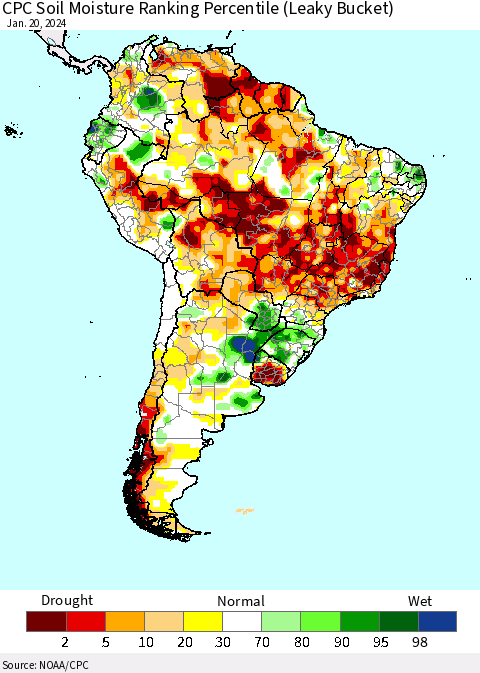 South America CPC Soil Moisture Ranking Percentile (Leaky Bucket) Thematic Map For 1/16/2024 - 1/20/2024
