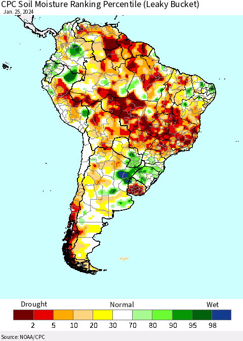 South America CPC Soil Moisture Ranking Percentile (Leaky Bucket) Thematic Map For 1/21/2024 - 1/25/2024