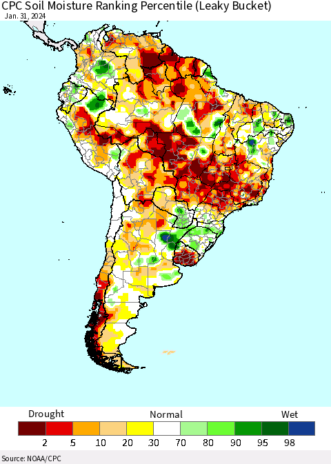 South America CPC Soil Moisture Ranking Percentile (Leaky Bucket) Thematic Map For 1/26/2024 - 1/31/2024