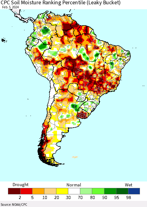 South America CPC Soil Moisture Ranking Percentile (Leaky Bucket) Thematic Map For 2/1/2024 - 2/5/2024