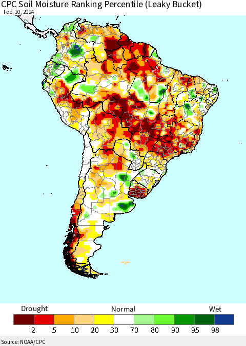 South America CPC Soil Moisture Ranking Percentile (Leaky Bucket) Thematic Map For 2/6/2024 - 2/10/2024