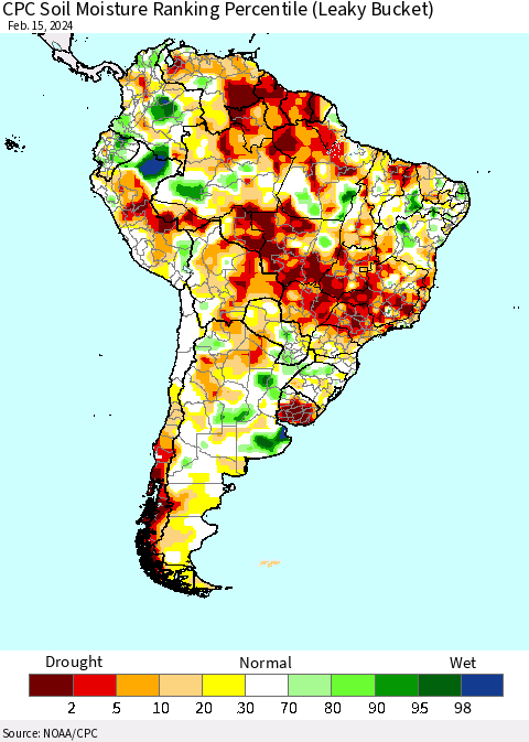 South America CPC Soil Moisture Ranking Percentile (Leaky Bucket) Thematic Map For 2/11/2024 - 2/15/2024