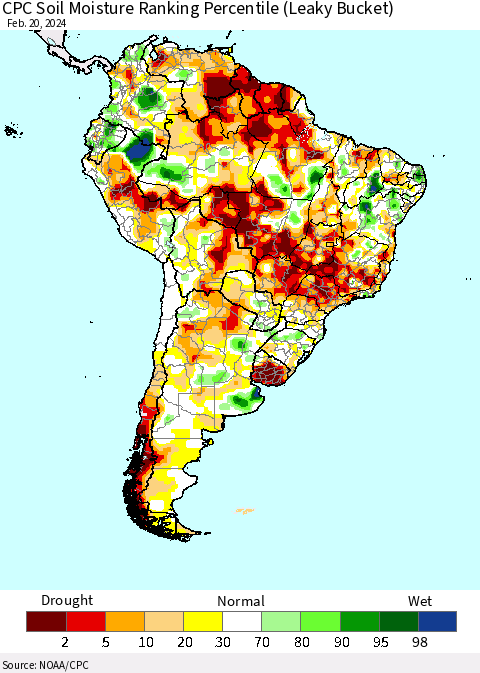 South America CPC Soil Moisture Ranking Percentile (Leaky Bucket) Thematic Map For 2/16/2024 - 2/20/2024
