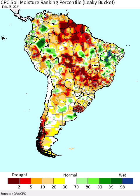 South America CPC Soil Moisture Ranking Percentile (Leaky Bucket) Thematic Map For 2/21/2024 - 2/25/2024