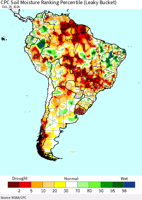 South America CPC Soil Moisture Ranking Percentile (Leaky Bucket) Thematic Map For 2/26/2024 - 2/29/2024