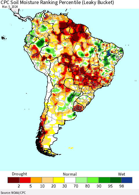 South America CPC Soil Moisture Ranking Percentile (Leaky Bucket) Thematic Map For 3/1/2024 - 3/5/2024