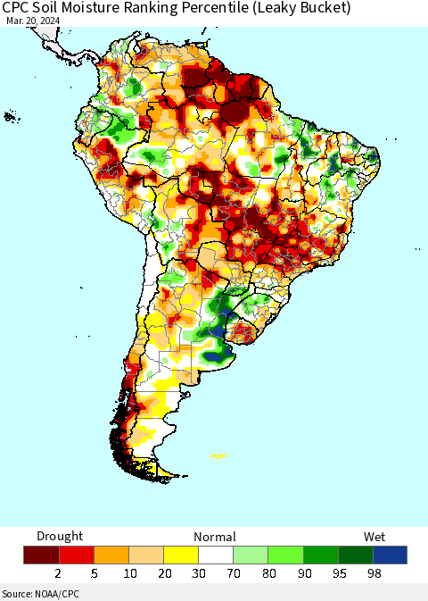 South America CPC Soil Moisture Ranking Percentile (Leaky Bucket) Thematic Map For 3/16/2024 - 3/20/2024