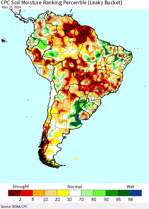 South America CPC Soil Moisture Ranking Percentile (Leaky Bucket) Thematic Map For 3/21/2024 - 3/25/2024