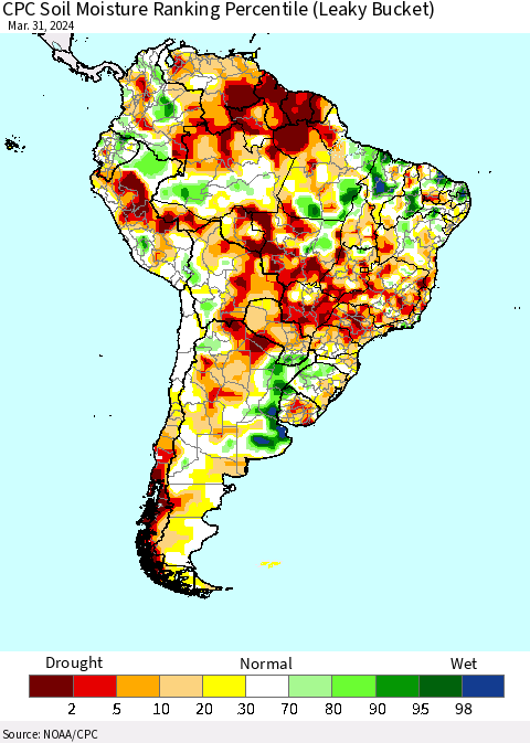 South America CPC Soil Moisture Ranking Percentile (Leaky Bucket) Thematic Map For 3/26/2024 - 3/31/2024