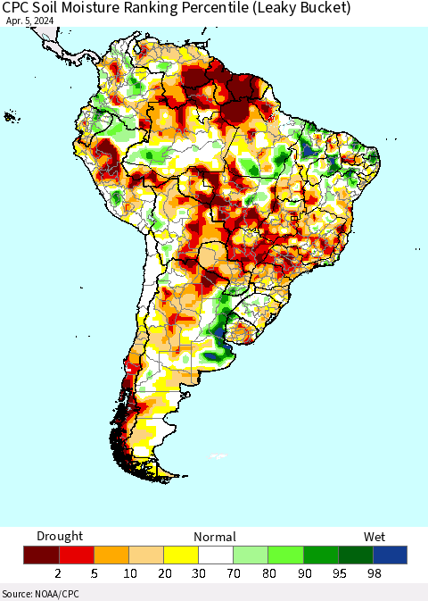 South America CPC Soil Moisture Ranking Percentile (Leaky Bucket) Thematic Map For 4/1/2024 - 4/5/2024