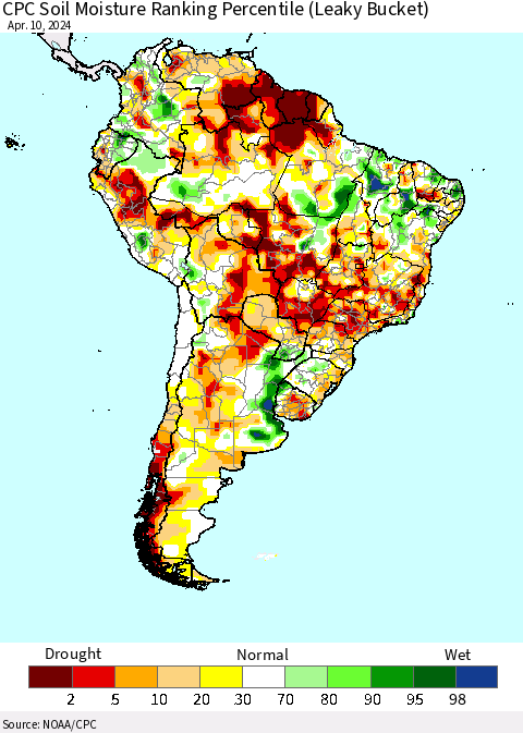 South America CPC Soil Moisture Ranking Percentile (Leaky Bucket) Thematic Map For 4/6/2024 - 4/10/2024