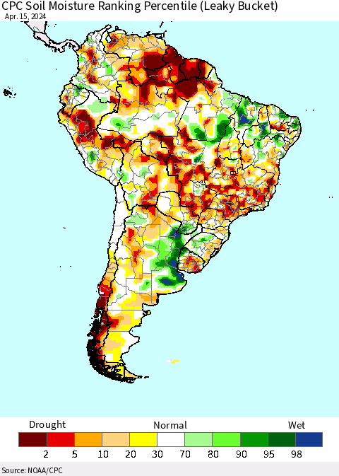 South America CPC Soil Moisture Ranking Percentile (Leaky Bucket) Thematic Map For 4/11/2024 - 4/15/2024