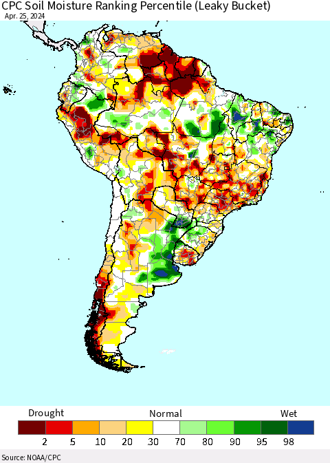 South America CPC Soil Moisture Ranking Percentile (Leaky Bucket) Thematic Map For 4/21/2024 - 4/25/2024