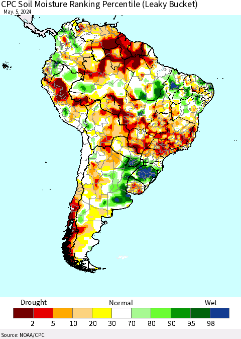 South America CPC Soil Moisture Ranking Percentile (Leaky Bucket) Thematic Map For 5/1/2024 - 5/5/2024