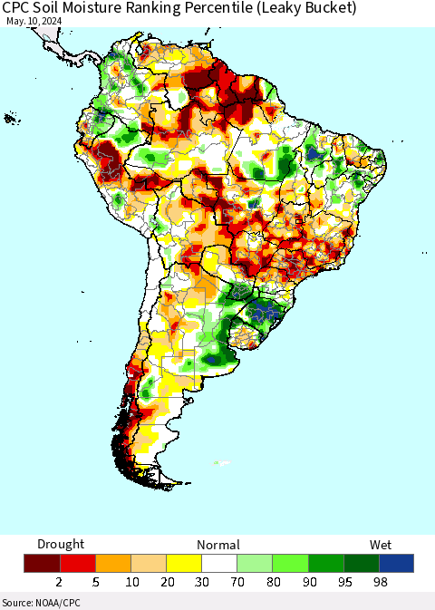 South America CPC Soil Moisture Ranking Percentile (Leaky Bucket) Thematic Map For 5/6/2024 - 5/10/2024