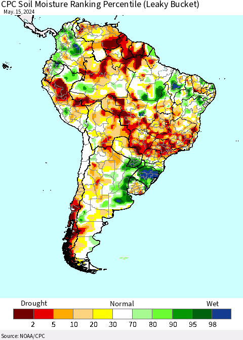 South America CPC Soil Moisture Ranking Percentile (Leaky Bucket) Thematic Map For 5/11/2024 - 5/15/2024