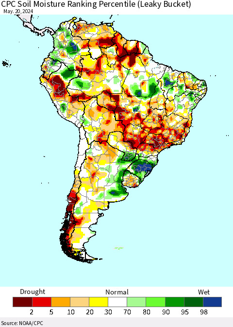 South America CPC Soil Moisture Ranking Percentile (Leaky Bucket) Thematic Map For 5/16/2024 - 5/20/2024
