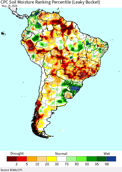 South America CPC Soil Moisture Ranking Percentile (Leaky Bucket) Thematic Map For 5/21/2024 - 5/25/2024