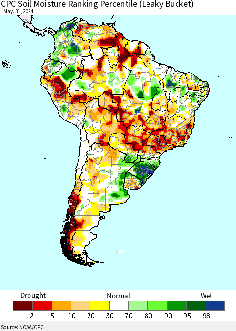 South America CPC Soil Moisture Ranking Percentile (Leaky Bucket) Thematic Map For 5/26/2024 - 5/31/2024
