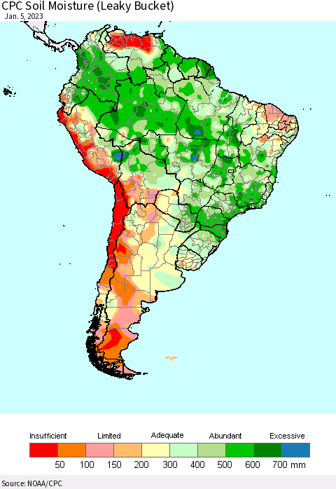 South America CPC Soil Moisture (Leaky Bucket) Thematic Map For 1/1/2023 - 1/5/2023