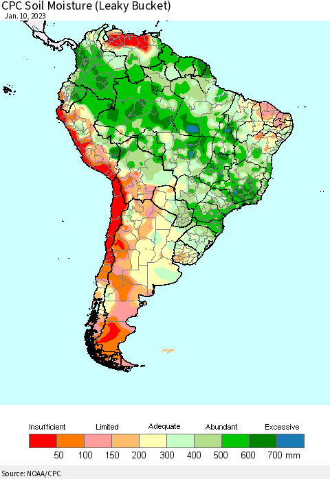 South America CPC Soil Moisture (Leaky Bucket) Thematic Map For 1/6/2023 - 1/10/2023