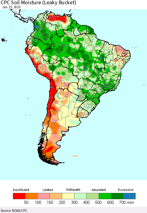 South America CPC Soil Moisture (Leaky Bucket) Thematic Map For 1/11/2023 - 1/15/2023
