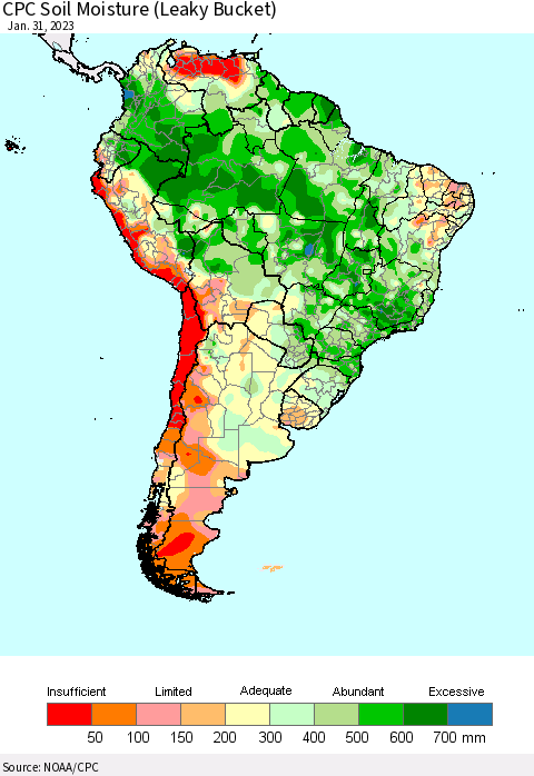 South America CPC Soil Moisture (Leaky Bucket) Thematic Map For 1/26/2023 - 1/31/2023