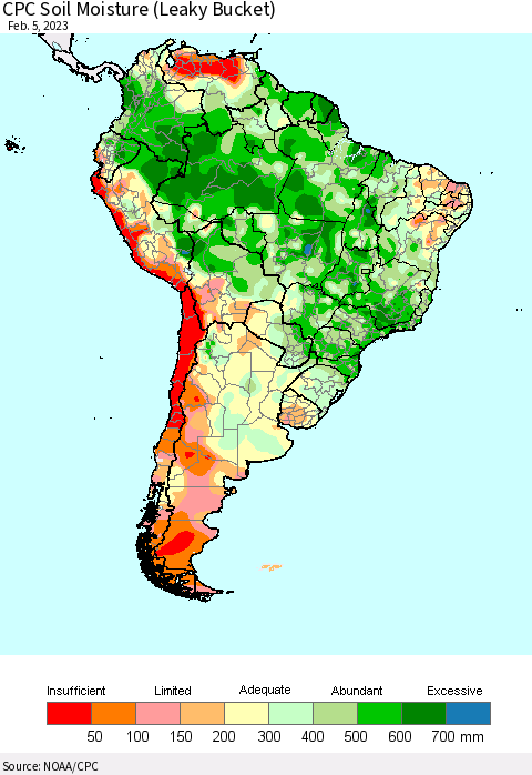 South America CPC Soil Moisture (Leaky Bucket) Thematic Map For 2/1/2023 - 2/5/2023