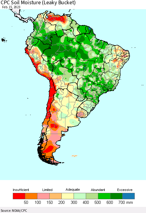 South America CPC Soil Moisture (Leaky Bucket) Thematic Map For 2/11/2023 - 2/15/2023