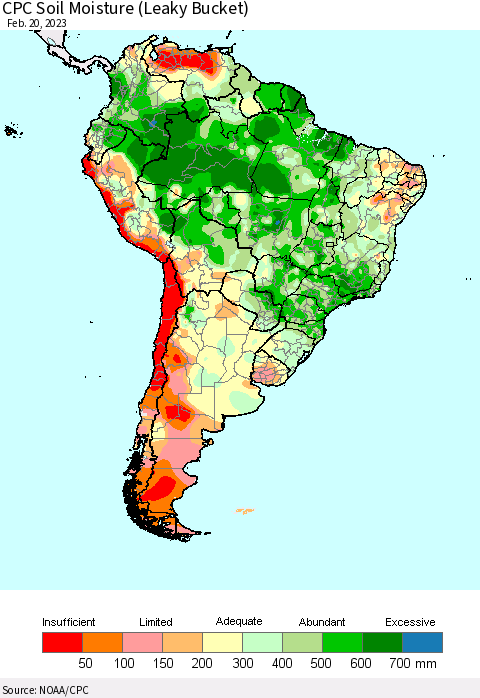 South America CPC Soil Moisture (Leaky Bucket) Thematic Map For 2/16/2023 - 2/20/2023