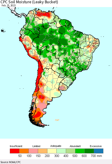 South America CPC Soil Moisture (Leaky Bucket) Thematic Map For 2/21/2023 - 2/25/2023