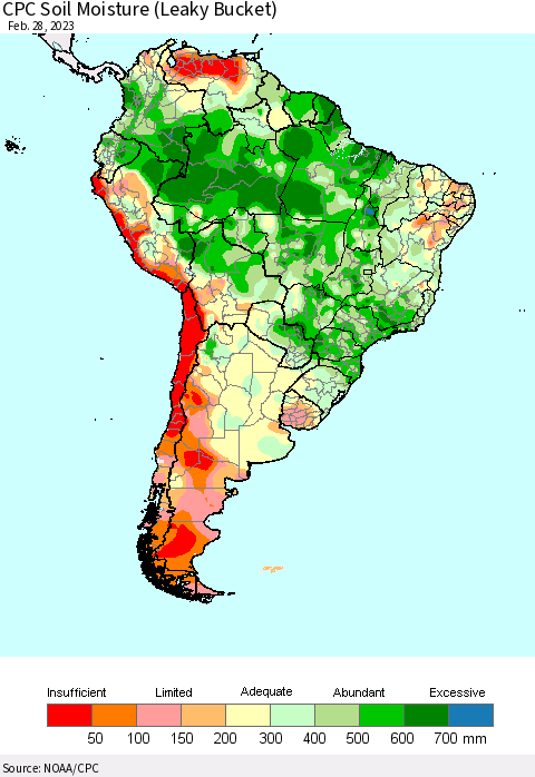 South America CPC Soil Moisture (Leaky Bucket) Thematic Map For 2/26/2023 - 2/28/2023