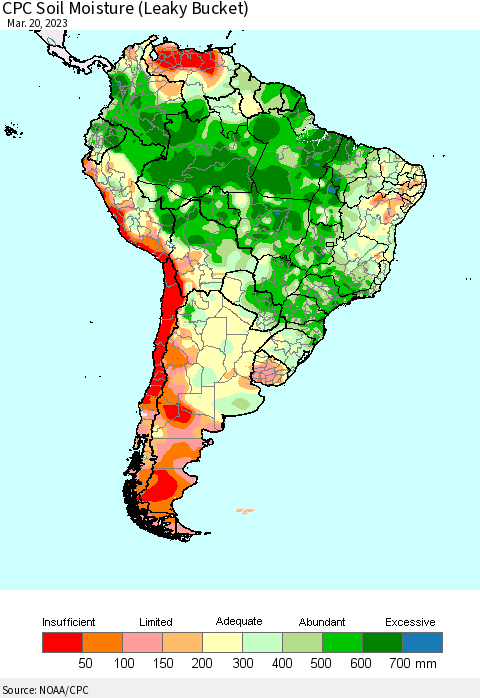 South America CPC Soil Moisture (Leaky Bucket) Thematic Map For 3/16/2023 - 3/20/2023