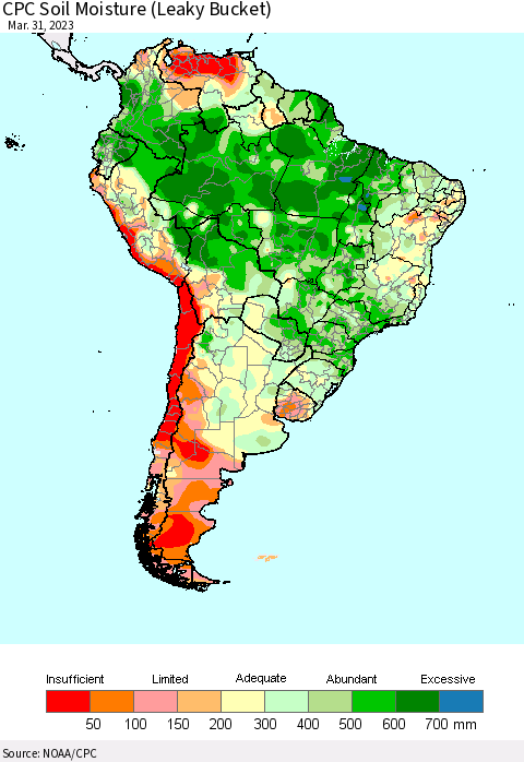 South America CPC Soil Moisture (Leaky Bucket) Thematic Map For 3/26/2023 - 3/31/2023