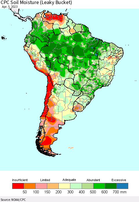 South America CPC Soil Moisture (Leaky Bucket) Thematic Map For 4/1/2023 - 4/5/2023